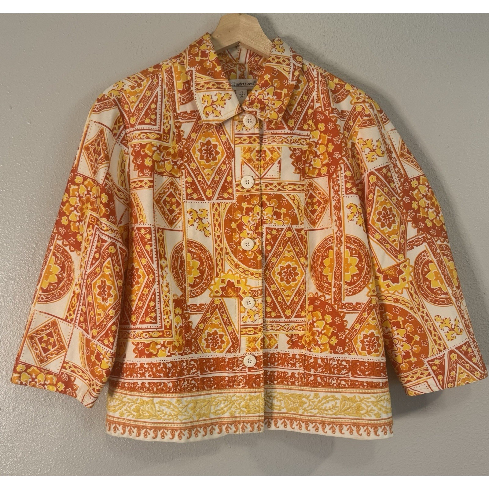 Coldwater Creek Citrus Orange Mosaic Tile Embroidered Jacket 12 Boho Whimsigoth